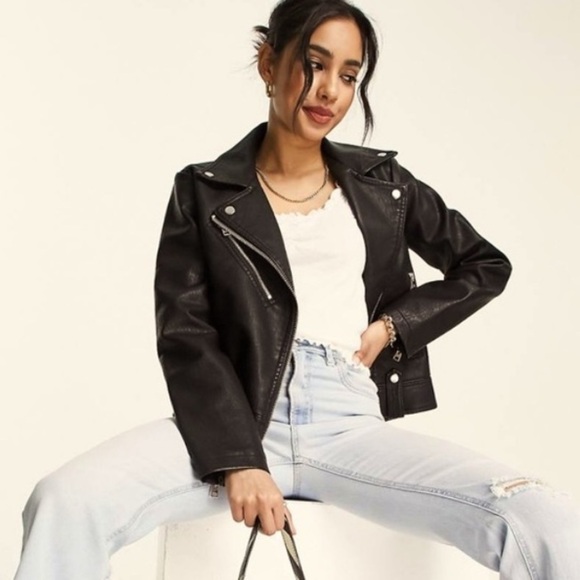 NWT! TopShop Black Faux Leather “Biker Moto” Jacket Size 4 Petite - Picture 5 of 10